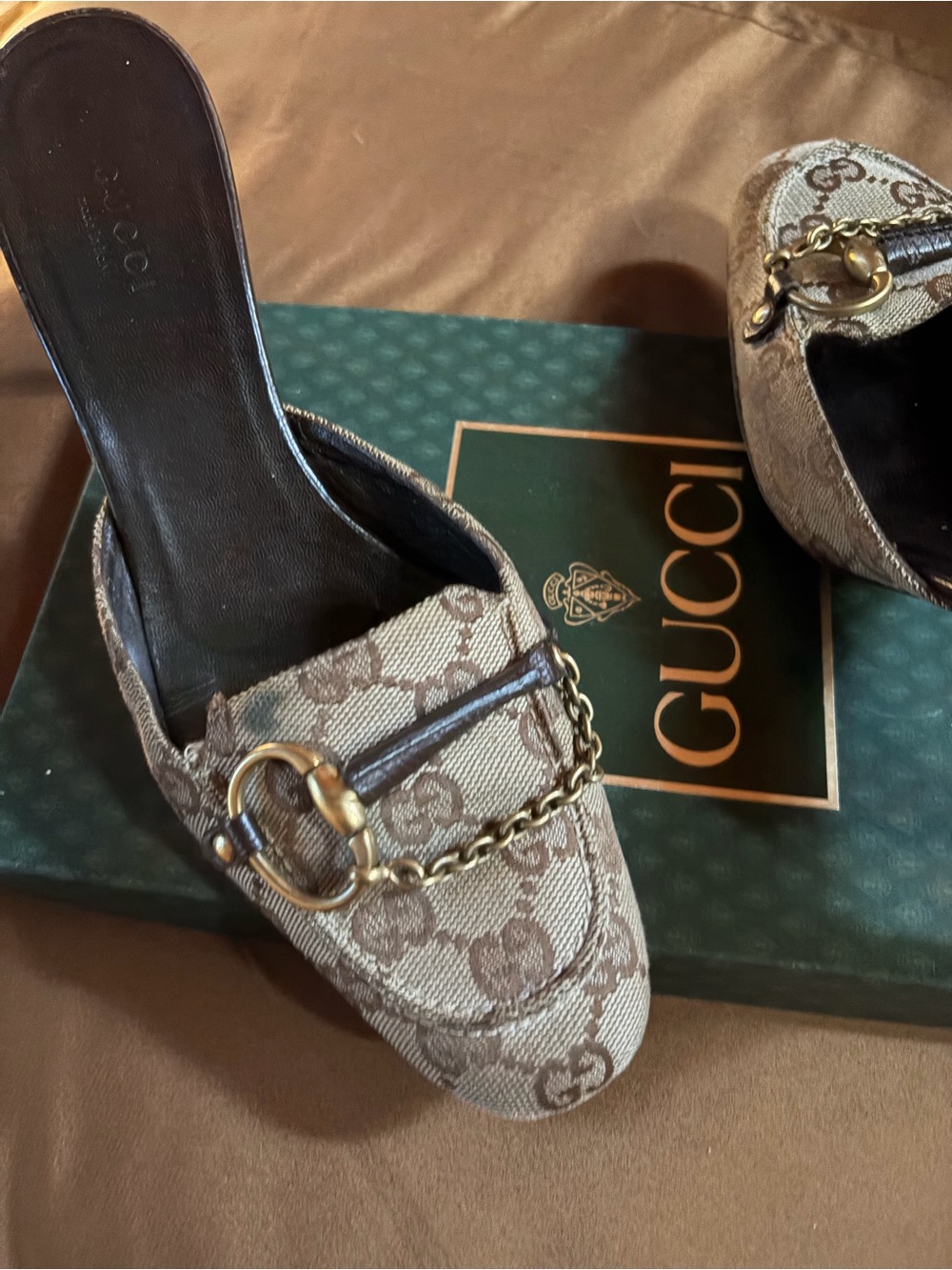 Gucci Brown GG Canvas Horsebit Chain Mules